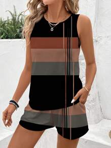 SHEIN LUNE 2 Stücke Damen Sommer ärmelloses Top mit Rundhalsausschnitt und Kurzarm Hemd Set