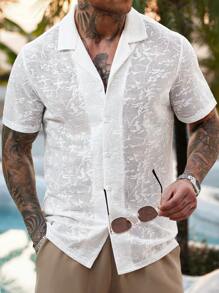 Manfinity RSRT 男士纯色网眼刺绣短袖休闲度假衬衫 - 白色 - 查看 4