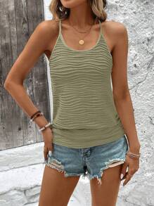 SHEIN LUNE Casual White Round Neck Textured Camisole For Summer - Green - View 3