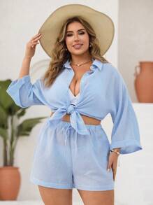 Swim Lushoire Conjunto de dos piezas para mujer, camisa y pantalones cortos de verano, de rayas azules y blancas, de manga tres cuartos, como cubridor de playa y tiempo libre, talla grande, para vacaciones