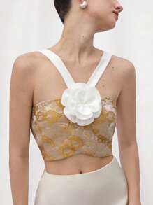 Aveloria Rosie Blusa recortada para mujer con escote en V sin tirantes, tela jacquard delicada de colores contrastantes elegantes y vintage franceses con estampado floral en floración