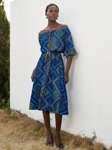 Aveloria Modichic Vestido Longo Feminino Folgado e Confortável de Duas Formas de Usar, Ombros de Fora, Cintura, Estampa Pérlis, Contraste de Cor, Decoração Exquisita de Nó - Azul Royal - Visão 5