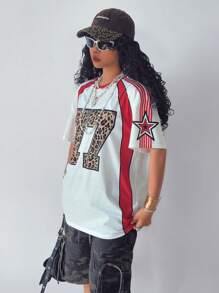 SHEIN Coolane Teen Girls Spring/Summer Leopard & Striped Print Casual Short Sleeve T-Shirt Graphic Cheetah Print Tees, Number Shirts Teens, 7 Girl Clothes - Burgundy - View 3