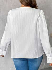 SHEIN LUNE 1pc Women's Simple V-Neck Ruffled Front Button Long Sleeve Plus Size Casual Shirt