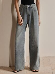 Anewsta Women's Oversized Casual Diamond-Studded Straight Leg Jeans - Blue - View 4