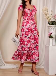 SHEIN VCAY Plus Size Boho Romantic Pink Floral Print Ruffle Hem Split Thigh Dress For Valentine's Day, Summer Outfits For Women, Graphic Outfits Women, Concert Outfit Women, Rave Outfits Festival - Multicolor - View 6