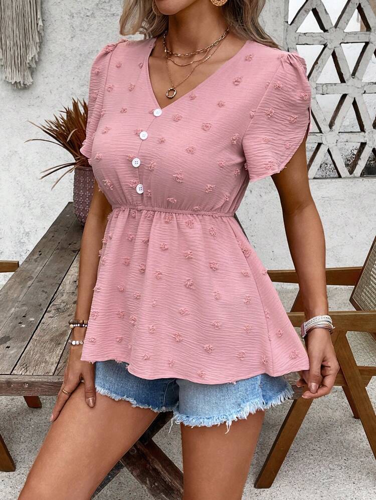 Summer Tops Women's Holiday Jacquard V-Neck Ruffle Sleeve Casual Shirt