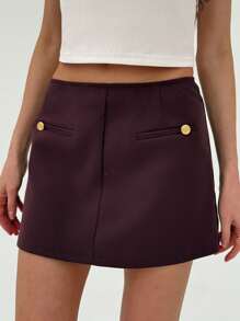 Aloruh Women's Solid Color Button Design A-Line Short Casual Skirt - Burgundy - View 5