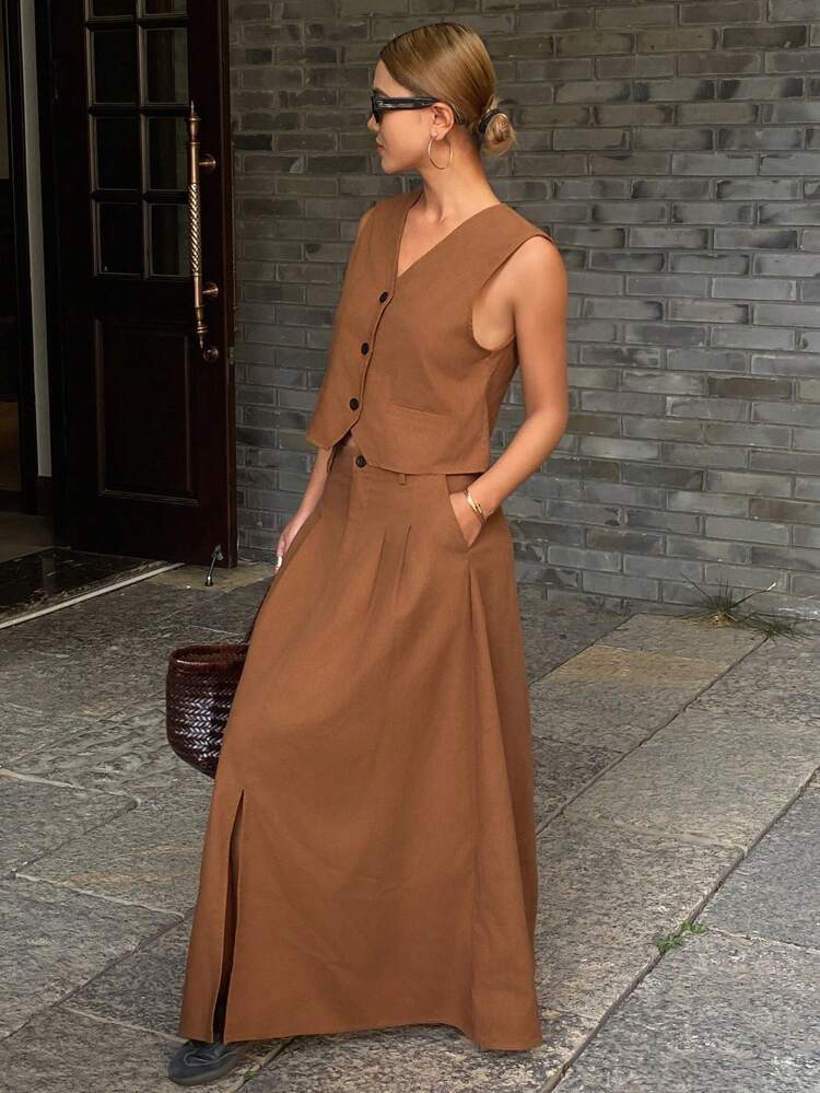 2pcs Vintage-Inspired Solid Color Fitted Sleeveless V-Neck Vest And A-Line Skirt Women Summer Set Work Women Clothes Linen Short Sets For Women