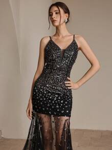 Anewsta 全新优雅露背细肩带 V 领派对鸡尾酒会连衣裙，适合女士，朴素，喜庆，夏季 - 黑色 - 查看 3