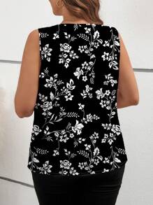 SHEIN Clasi 大码 V 领无袖花卉印花休闲衬衫 - 黑與白 - 查看 2