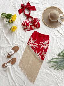 SHEIN WYWH 2pcs/Set Vacation Coconut Tree Silhouette Strap Tank Top And Tassel Mini Skirt
