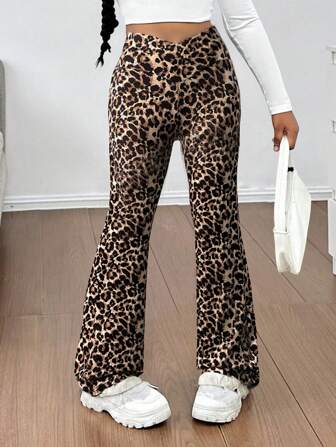 SHEIN Tween Girls Casual Elegant Knit Leopard Print Crossover Waist Skinny Flare Pants, Back To School, Chic Streetwear