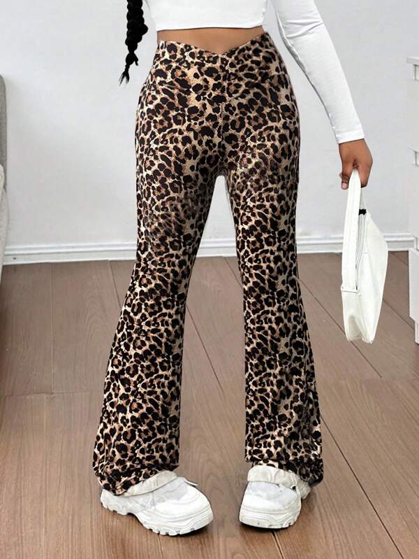 SHEIN Tween Girls, ocazional, elegant, tricot, cu imprimeu leopard, cu talie încrucișată, pantaloni skinny evazați, înapoi la școală, îmbrăcăminte de stradă șic