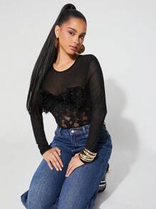 SHEIN Unity Bodysuit Spring Mesh And Lace Long Sleeve Cheeky Festival Summer Casualwear Thanksgiving Christmas NYE New Years Eve Outfits For Women - Black - View 2