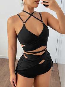 SHEIN ICON 2pcs/Set Fashionable & Sexy Crisscross Cami Shorts Set - Black - View 5