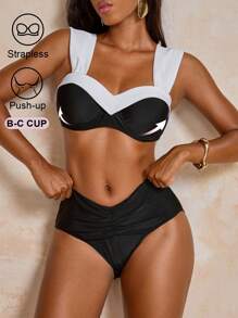 SHEIN Swim Color Block Push-Up Bikini Swimwear Set With Underwire Support Design, Elegant Luxury Style, Women, For Summer Beach Vacation
