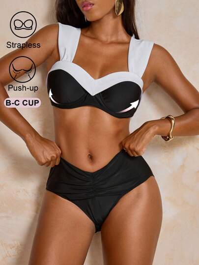 SHEIN Swim Color Block Push-Up Bikini Swimwear Set With Underwire Support Design, Elegant Luxury Style, Women, For Summer Beach Vacation