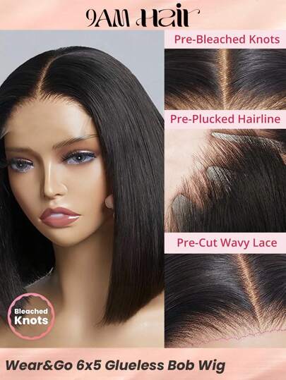 Density Pro 6x5 Wear&Go Straight Bob Wig Pre Bleached Glueless Wig Human Hair Pre Cut Lace Natural Hairline Short  Lace Closure Wig 200% Density
