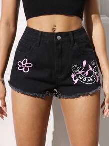 SHEIN EZwear 女士花卉印花口袋流苏边休闲牛仔短裤 - 黑色 - 查看 1