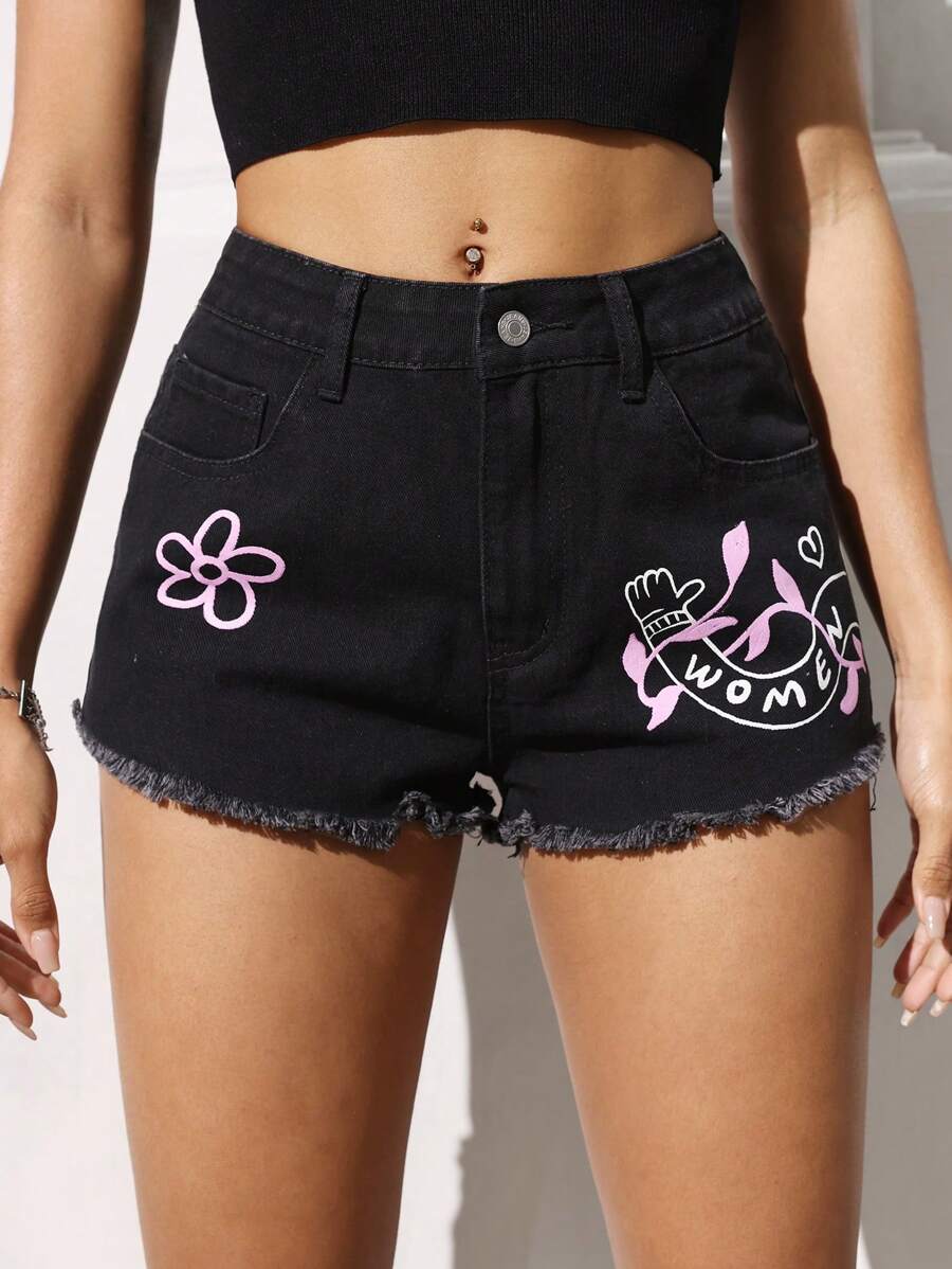 SHEIN EZwear 女士花卉印花口袋流苏边休闲牛仔短裤 - 黑色 - 查看 1