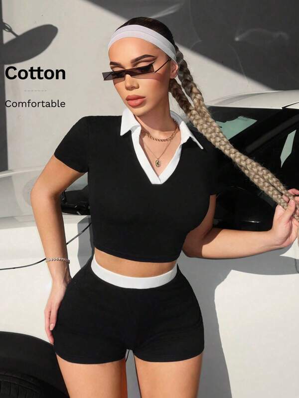 SHEIN SXY Conjunto de ropa deportiva casual para verano con bloques de color blanco y negro, polo de cuello y camiseta de manga corta y shorts de 2 piezas