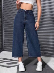 Casual Loose Fit 7/8 Length Straight Leg Jeans - Blue - View 1