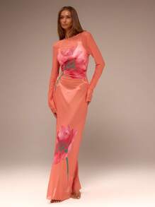 MUSERA Mesh Floral Printed Backless Maxi Dress Vacation Summer Sheer Flower Ibiza Outfit, Holiday, Club Outfit Long Dress - Orange - View 4