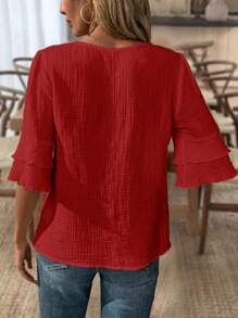 SHEIN LUNE Áo cánh vải lanh cổ chữ V tay ngắn xếp nếp cho nữ mặc trong dịp năm mới - Đỏ - Xem 2