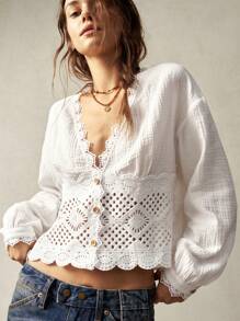 Bohemela Plus Size Solid V-Neck Long Sleeve Fitted Blouse,Vintage - White - View 6