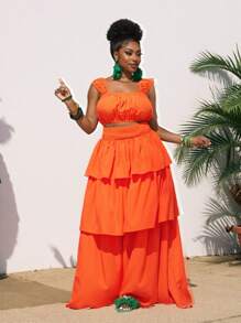 Slaydiva Nuevo conjunto de 2 piezas talla grande para 2025: Falda de volantes de color naranja liso y vestido largo con top de chaleco fruncido