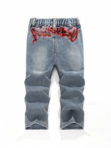 SHEIN Young Boy Distressed Washed Red Graffiti Pattern Retro Baggy Blue Denim Pants,For Kids Spring/Summer Clothes Outfits And Streetwear Outfits - Light Wash - View 3