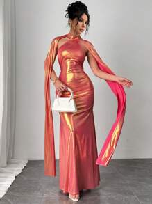 Chiquease 女士新款情人节晚礼服派对性感收腰修身露背百褶无袖交叉挂脖蝴蝶结优雅连衣裙 - 粉色 - 查看 4