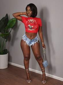 Slaydiva 女士牛仔短裤 性感低腰三角裤 蓝色短裤 女士短裤 牛仔短裤 牛仔短裤 度假装女士夏季装女士夏季装 - 淺色水洗藍 - 查看 3