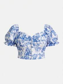 SHEIN ICON Plus Size Lantern Sleeve Retro Blue & White Floral Print Cropped Top, Vintage Palace Style - Blue and White - View 1