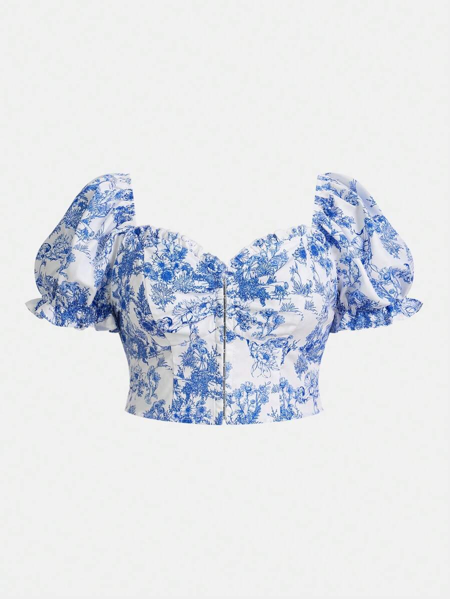 SHEIN ICON Plus Size Lantern Sleeve Retro Blue & White Floral Print Cropped Top, Vintage Palace Style - Blue and White - View 1