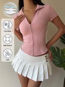 Muchica 女式休闲简约前拉链短袖修身粉色 T 恤 - 粉色 - 查看 1