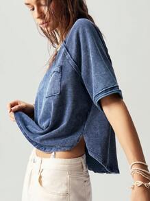 Bohemela Casual Solid Color V-Neck Short Sleeve Loose Washed Plus Size T-Shirt,Vintage - Blue - View 6