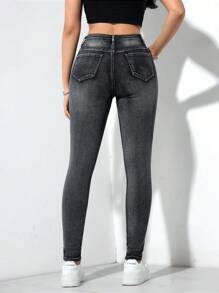 SHEIN Essnce Women's Front Button Pocket Simple Slim Casual Denim Pants - Dark Grey - View 2