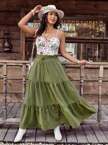 SHEIN LUNE 大码女式时尚嬉皮度假风格提花图案吊带背心和多层喇叭裙两件套 - 彩色 - 查看 3