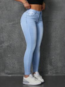 SHEIN Tall Women's Solid Color Washed Skinny Fit Casual Jeans With Pockets