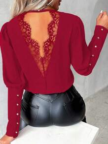 SHEIN Clasi French Elegant Lace Panel Button Design Office Lady Top - Burgundy - View 1