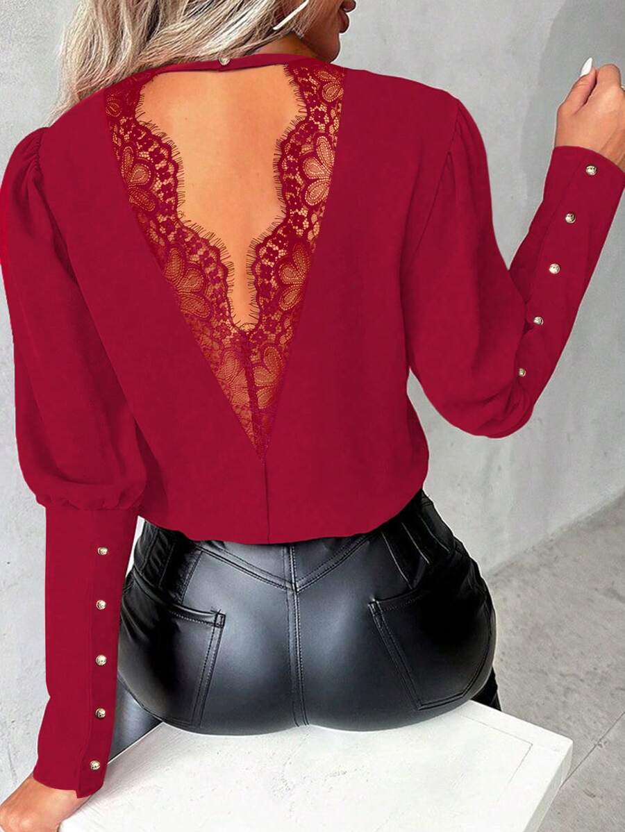 SHEIN Clasi French Elegant Lace Panel Button Design Office Lady Top - Burgundy - View 1