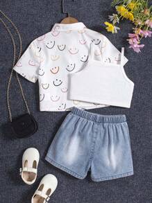 3pcs/Set Girls Summer Printed Shirt, Vest And Denim Shorts - Multicolor - View 2