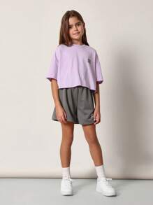 SUMWON Crop Top Set Girls Tween Fashion Pack Triple Pack Casual Short Sleeve Cotton Blend Boxy Tees Summer Spring Collection Purple White Pink