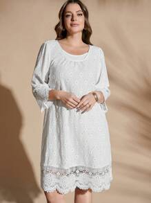 SHEIN Clasi Plus Size Women Round Neck Loose Lace Patchwork Casual Dress - White - View 4