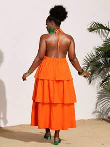 Slaydiva Plus Size Women's Orange Summer Beach Dress,Halter Hollow-Out Multilayer Ruffle Hem Waisted Midi Dress For Holiday,Vacation & Casual Styles - Orange - View 2