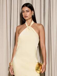 AiiRZ 优雅缎面露背长款晚礼服及地正式婚礼宾客礼服派对舞会庆典特殊场合礼服，高光饰面