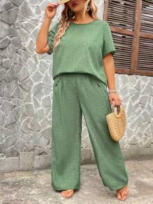 EMERY ROSE 加大码仿亚麻纯色后背开衩花卉图案纯色休闲度假衬衫和普通裤子两件套 - 綠色 - 查看 5