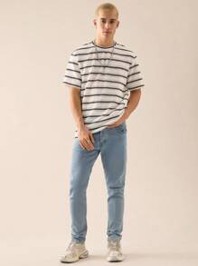 SWAVVY Camiseta de manga corta de ajuste holgado y de punto de unicolor casual para hombres jóvenes